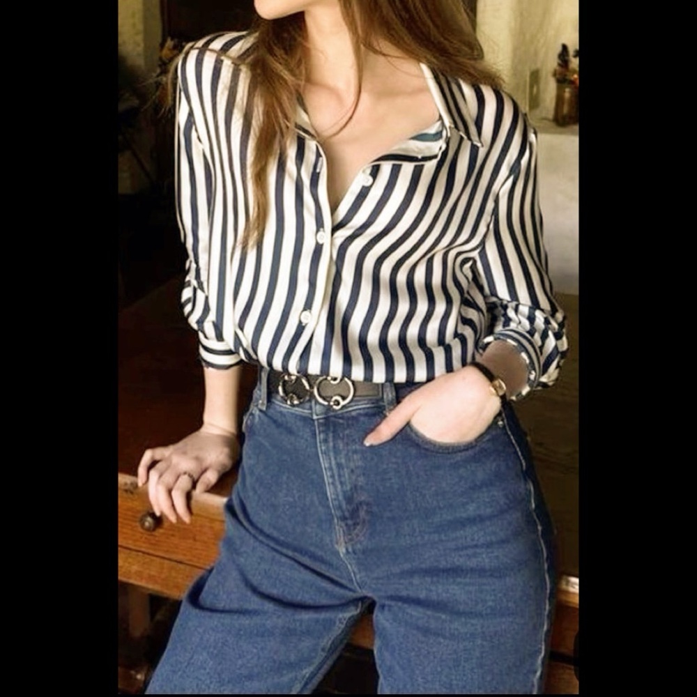 H&M Monochrome Striped Button Down Silky Shirt